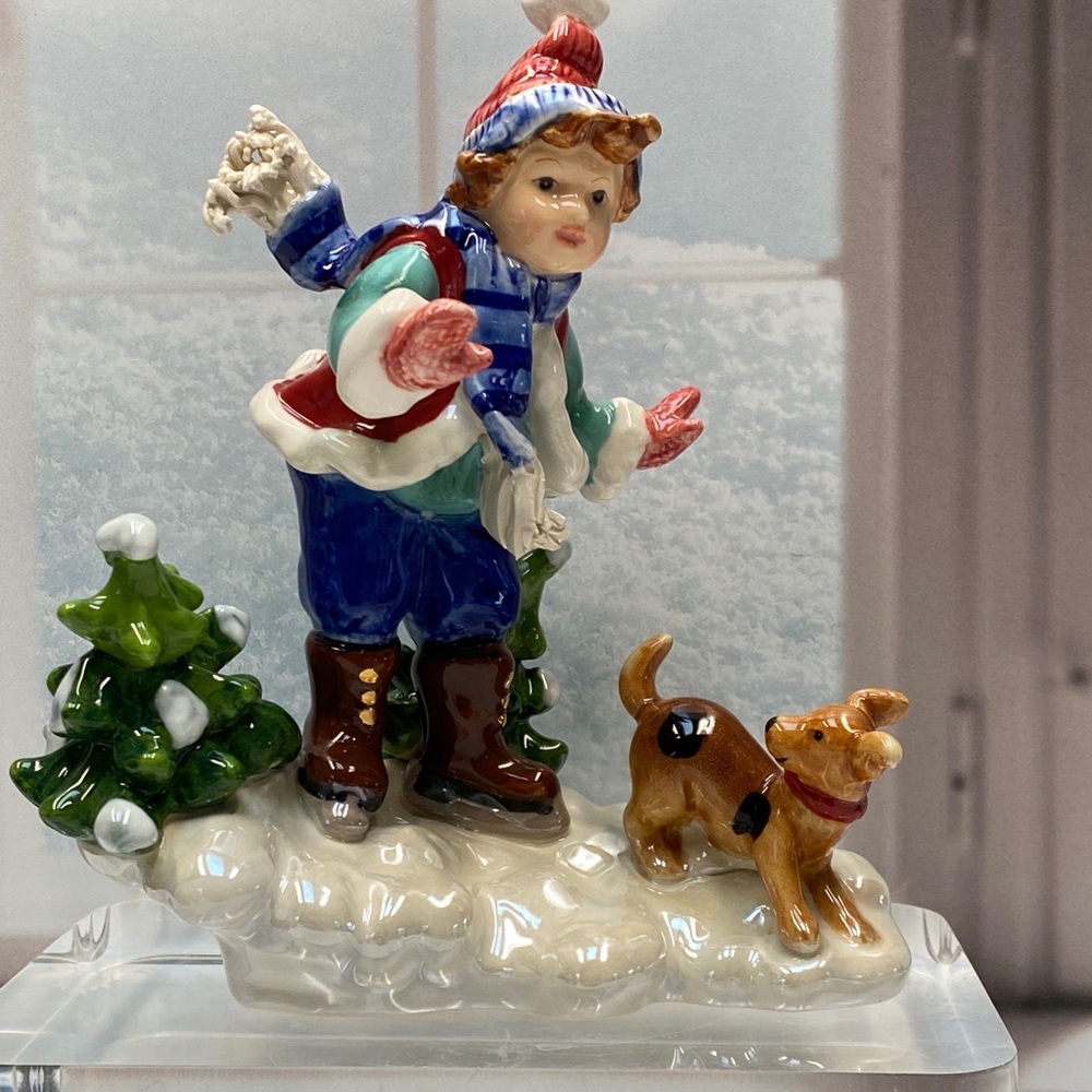 Vtg Boy Ice Skating Figurine With Dog Winter Holiday Scene Decor
